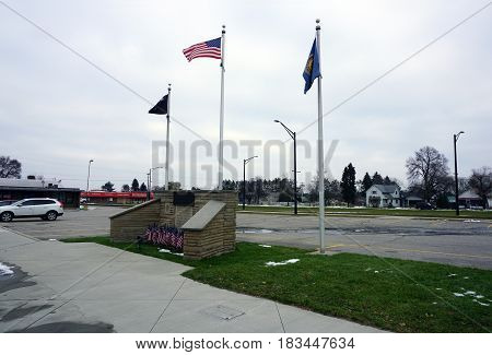 KALKASKA, MICHIGAN / UNITED STATES - NOVEMBER 27, 2016: The Veterans' Memorial in downtown Kalkaska honors war veterans from Kalkaska County.
