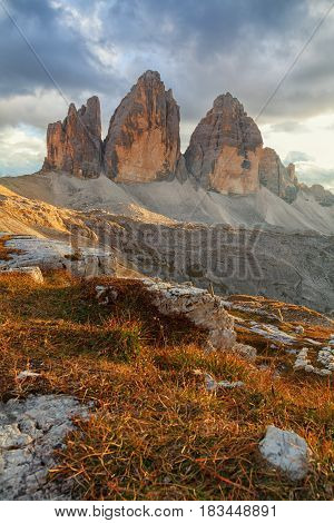 Tre Cime di Lavaredo in beautiful surroundings in the Dolomites at sunset in Italy Europe (Drei Zinnen)