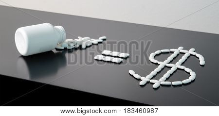 Medical business or prices concept. Making money in pharmaceutical industry or high medical expenses. Medicine spilling out of a package on table. Pill bottle equals dollar sign written with pills.