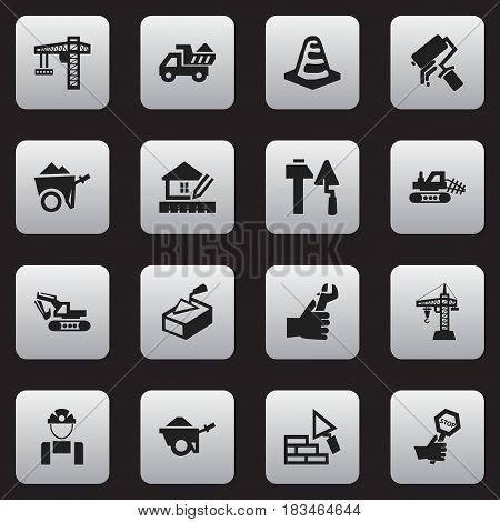 Set Of 16 Editable Construction Icons. Includes Symbols Such As Facing, Endurance, Mule And More. Can Be Used For Web, Mobile, UI And Infographic Design.