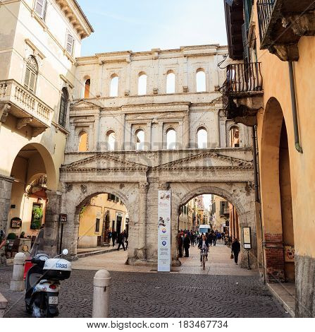 VERONA ITALY - APRIL 07: View of Porta Borsari in Verona on April 07 2017