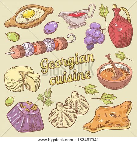 Georgian Cuisine Traditional Food with Khinkali. Hand Drawn vector doodle