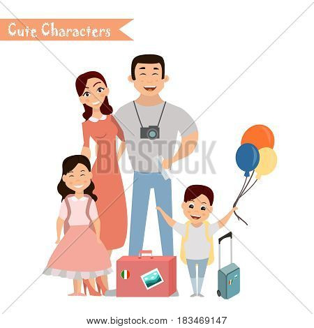People and family traveling on vacation. Family travel. Father mother son and daughter at the airport. Vector illustration in a flat style