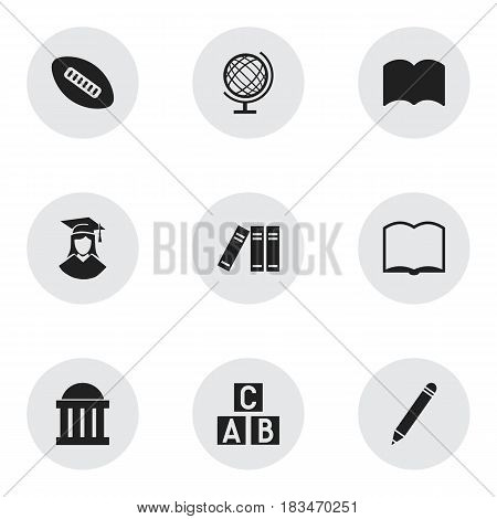 Set Of 9 Editable University Icons. Includes Symbols Such As Book, Alphabet Cube, Pencil And More. Can Be Used For Web, Mobile, UI And Infographic Design.