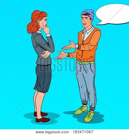 Young Man Expaining his New Idea to Business Woman in Office. Pop Art vector illustration