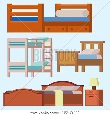 Vector bed icon set interior home rest collection sleep furniture comfortable night illustration. House relaxation information hostel bedtime modern service sign.