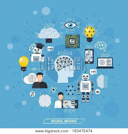 Neural meshes design concept with human brain deep learning image recognition robots icons flat vector illustration