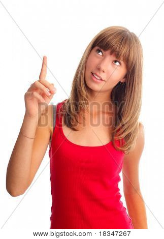 Happy young Woman zeigt nach oben ein Zeigefingers
