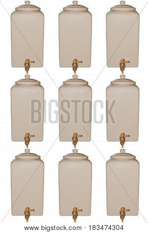 9 Ceramic containers with inscription in German Finest cooking oil Finest table vinegar and table mustard