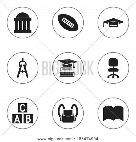 Set Of 9 Editable Education Icons. Includes Symbols Such As Courtroom, Schoolbag, Dictionary And More. Can Be Used For Web, Mobile, UI And Infographic Design.