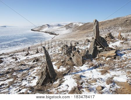 Stone Pyramids On Ogoi Island. Цinter Landscape