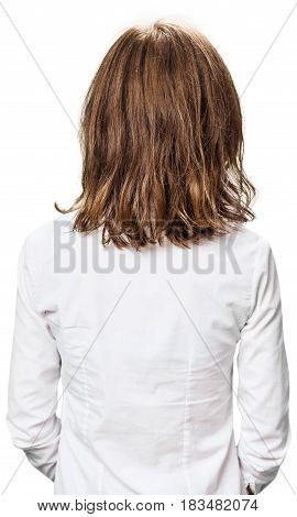 Back view of young woman with damaged fair hair over white background.