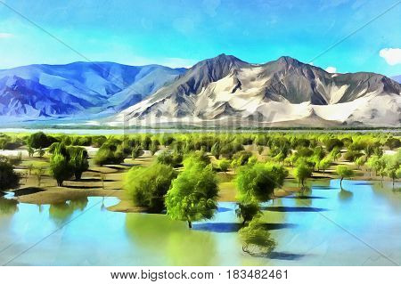 Colorful painting of Brahmaputra River valley, Tibet, China