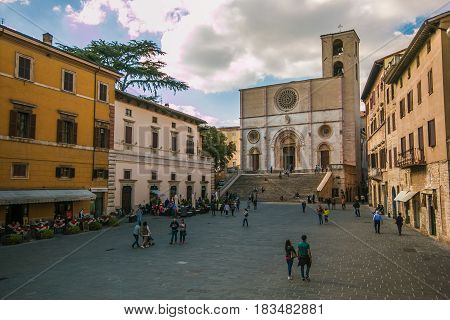 TODI, ITALY - APRIL 25, 2017: Tthe medieval and renaissance cathedral of Santissima Annunziata (Duomo) in the old town of Todi, Umbria