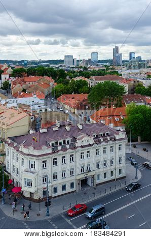 VILNIUS LITHUANIA - JULY 10 2015: View from observation platform of bell tower of Cathedral of St. Stanislaus and St. Wladyslaw on Old Town and high-rise buildings City Vilnius Lithuania
