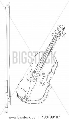 Vector illustration of violin with bow isolated on a white background. Can be used for graphic design, textile design or web design.