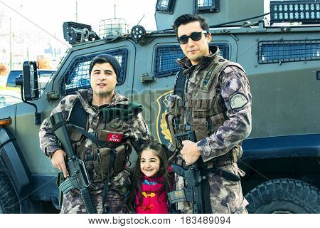 ISTANBUL, TURKEY - 1 APRIL , 2017:Turkish police on the streets of Istanbul during the military situation in the country
