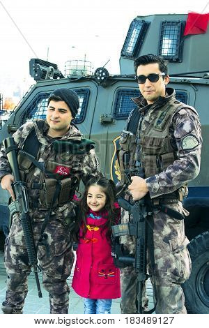 ISTANBUL, TURKEY - 1 APRIL , 2017:Turkish police on the streets of Istanbul during the military situation in the country