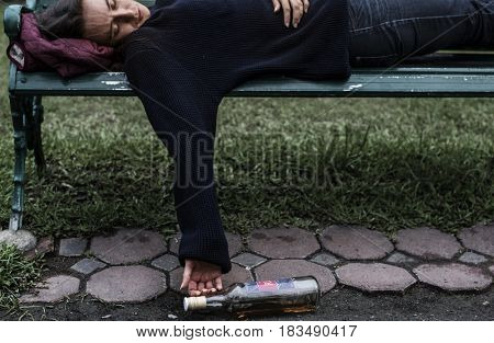 Drunk Homeless Woman In The Park