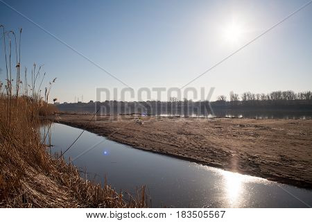 Morning on the river early morning reeds mist fog and water surface on the river