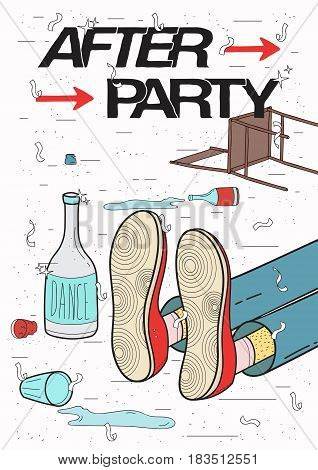 Afterparty placard. Drunk, tired guy asleep, resting of drinking. Funny party poster. Colorful Illustration