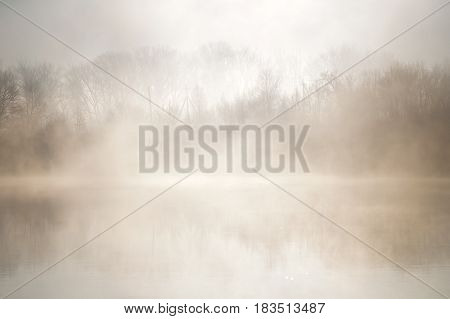 Morning on the river early morning reeds mist fog and water surface on the river