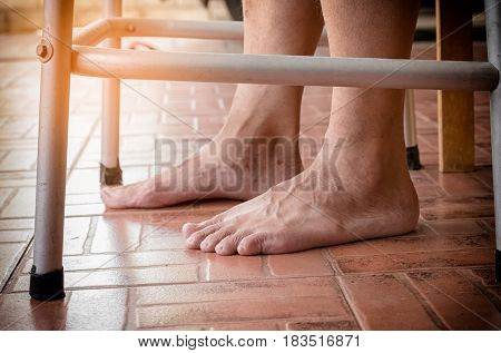 Elderly Man Feet With The Walker ,senior Man Using Walker