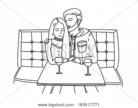 Young couple sits in a cafe and drinks wine. Romantic date. The guy hugs the girl. Lineart contour flat illustration