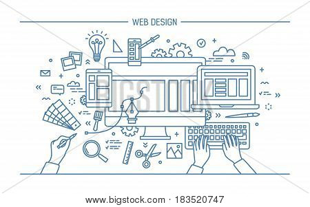 Web development, line art banner. site with responsive design. flat vector illustration