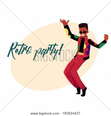 Retro disco party invitation, poster template, layout with black, African dancing man in 1980s style clothes, cartoon vector illustration. 80s style disco party invitation banner, poster template