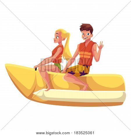 Young couple, man and woman, riding banana boat, enjoying summer water activities, cartoon vector illustration isolated on white background. Full length portrait of man and woman riding banana boat