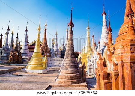 Scenic view of colorufl pagodas in Indein village Pagoda at Inle Lake, Myanmar. (Burma)