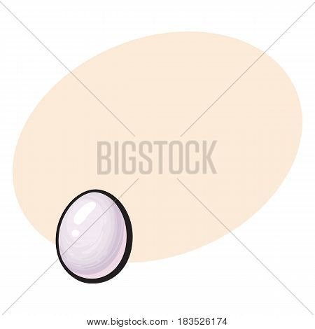 Single whole hard boiled, peeled, unshelled chicken egg, sketch style vector illustration with space for tex. tHand drawn, sketched single peeled boiled chicken egg