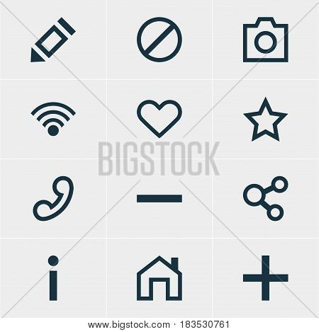 Vector Illustration Of 12 Interface Icons. Editable Pack Of Minus, Mainpage, Snapshot And Other Elements.