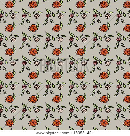 seamless beige pattern with red roses, pink and red flowers on beige background, vector colorful flowers