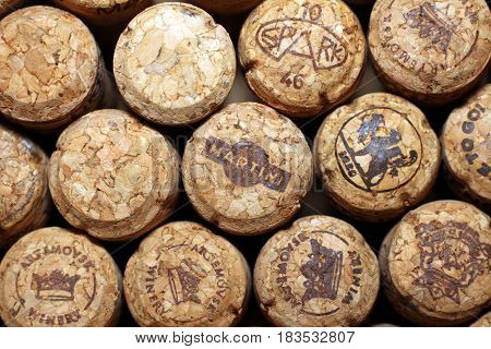 KIEV, UKRAINE - APRIL 22 : Sparkling champagne wine editorial background with wine stoppers from Maritini and other brands on April 22, 2017 in Kiev, Ukraine