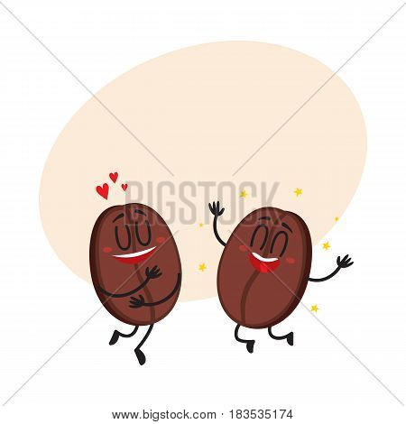Two funny coffee bean characters, one showing love, another hands up from awe, delight, cartoon vector illustration with space for text. Two coffee bean characters, mascots, design elements