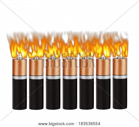 Fire on different batteries, on a white background, isolated