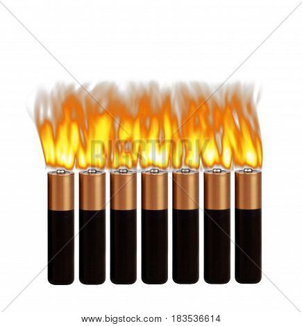 Fire on different batteries, on a white background, isolated