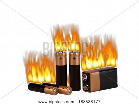 Fire on different batteries, on a white background, isolated