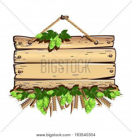 Old wooden empty frame. Colored Vector illustration with malt and hops.