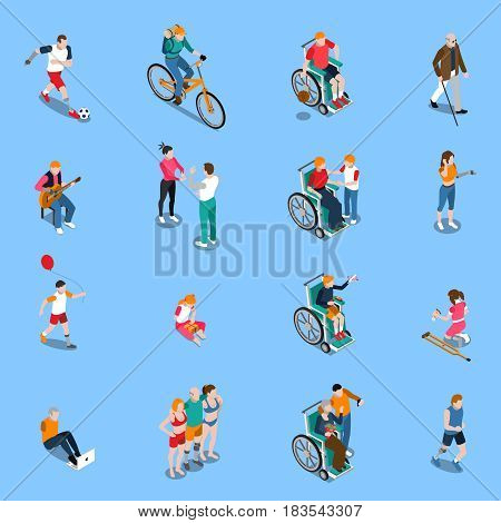 Disabled persons isometric set with adults and kids in different activities including sports music isolated vector illustration