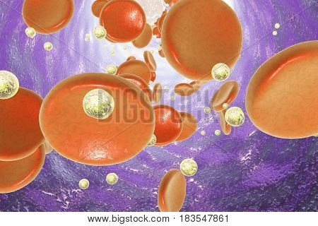 Nanoparticles in blood, 3D illustration. Conceptual image illustrating treatment and diagnostics with nanoparticles