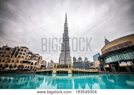 DUBAI UNITED ARAB EMIRATES - FEBRUARY 16 2017: Burj Khalifa tower. This skyscraper is the tallest man-made structure in the world measuring 828 m. Completed in 2009.