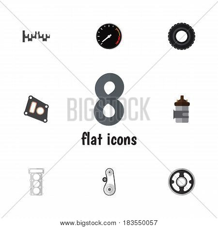 Flat Auto Set Of Packing, Steels Shafts, Belt And Other Vector Objects. Also Includes Pulley, Wheel, Tachometr Elements.