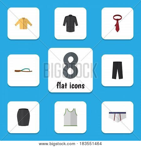 Flat Clothes Set Of Underclothes, Uniform, Stylish Apparel And Other Vector Objects. Also Includes Kimono, Sandal, Tie Elements.