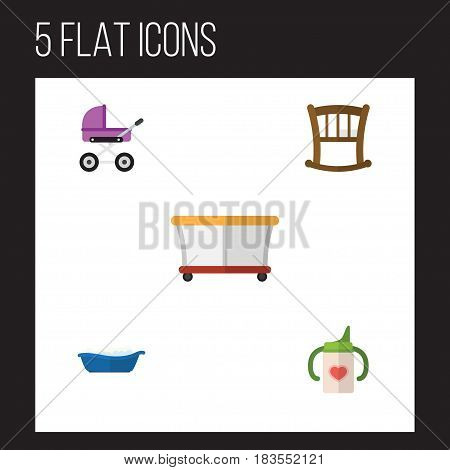 Flat Infant Set Of Bathtub, Infant Cot, Nursing Bottle And Other Vector Objects. Also Includes Baby, Playpen, Cot Elements.