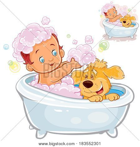 Vector illustration of a little baby taking a bath and playing with foam with his dog. Print