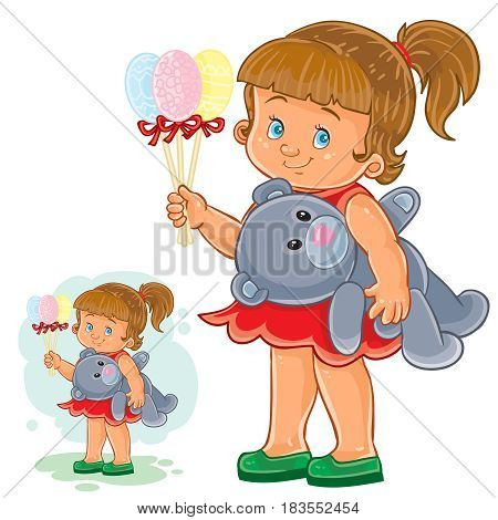 Vector illustration of a little girl holding in one hand decorative Easter eggs on sticks, and in another teddy bear. Print
