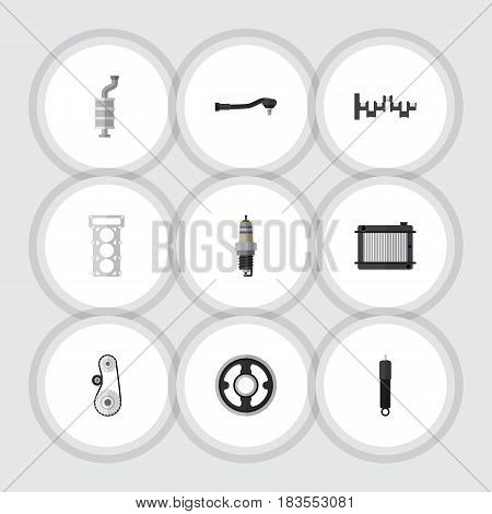 Flat Auto Set Of Input Technology, Packing, Cambelt And Other Vector Objects. Also Includes Packing, Shafts, Engine Elements.